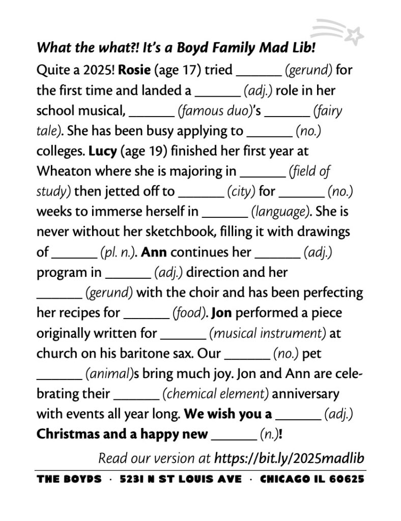 Graphic version of a "Mad Libs" style holiday letter from the Boyd Family for 2025.